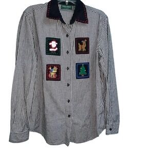 Vintage Christmas Women’s Button Down Shirt size Medium Santa Reindeer